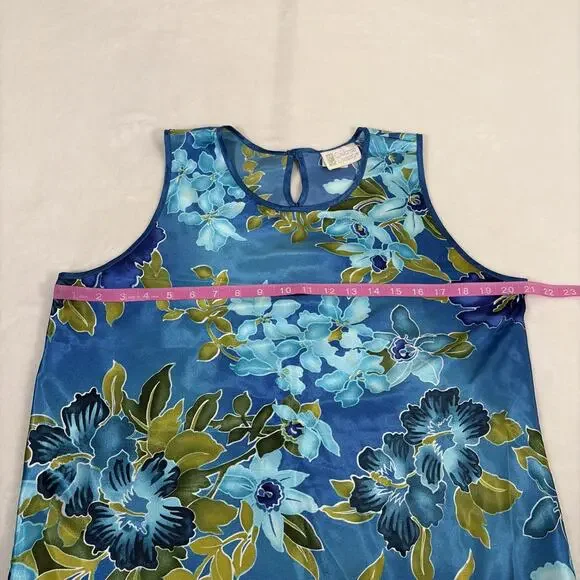 Vintage California Dynasty Blue Floral Satin Pajama Lounge Set Top Pants Medium - Picture 10 of 16